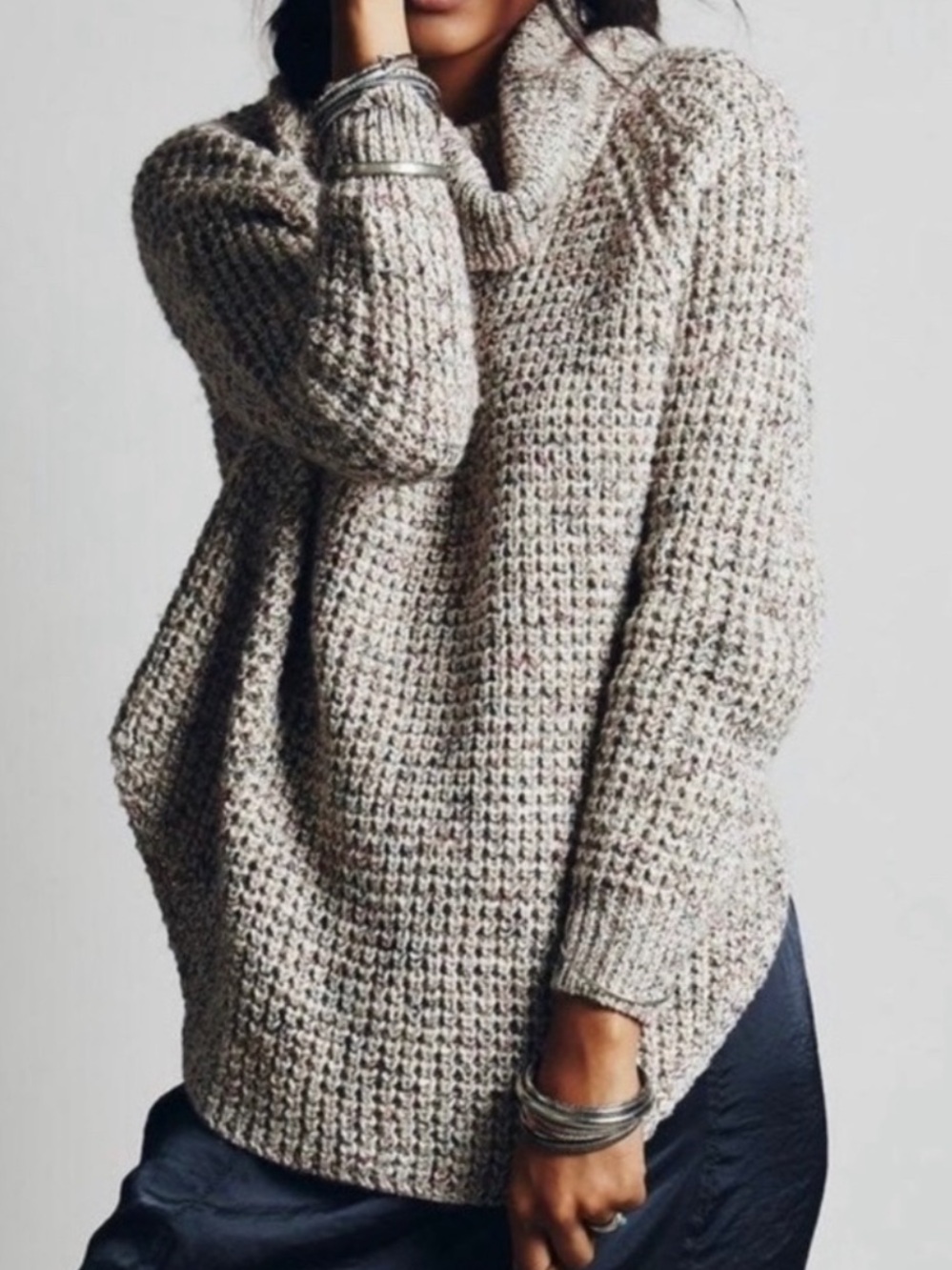 Free People Dylan Boho Taupe Speckled Cowl-Neck Chunky Knit Sweater